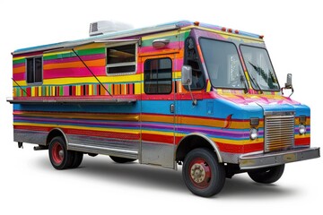 A colorful food truck parked on a white surface, great for use in advertising or promotional materials