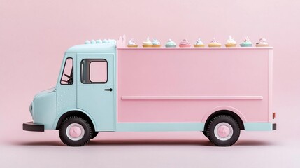 Bakery truck with a whimsical fairy tale design, pastel colors, serving magical-themed desserts