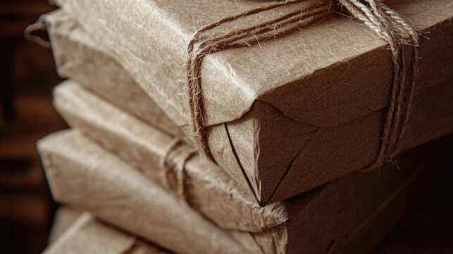 Close up of stack of brown paper packages tied with twine.