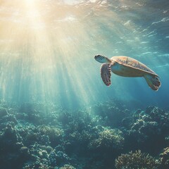 Sea Turtle Swimming in Sunlight with Coral Reef