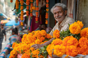 Indian flower vendor happily sells bright orange marigolds at a colorful market stall in india, adding tradition and culture to the local business