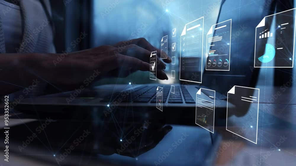 Aufkleber document management concept, businesswomen check electronic documents on digital documents on virtua