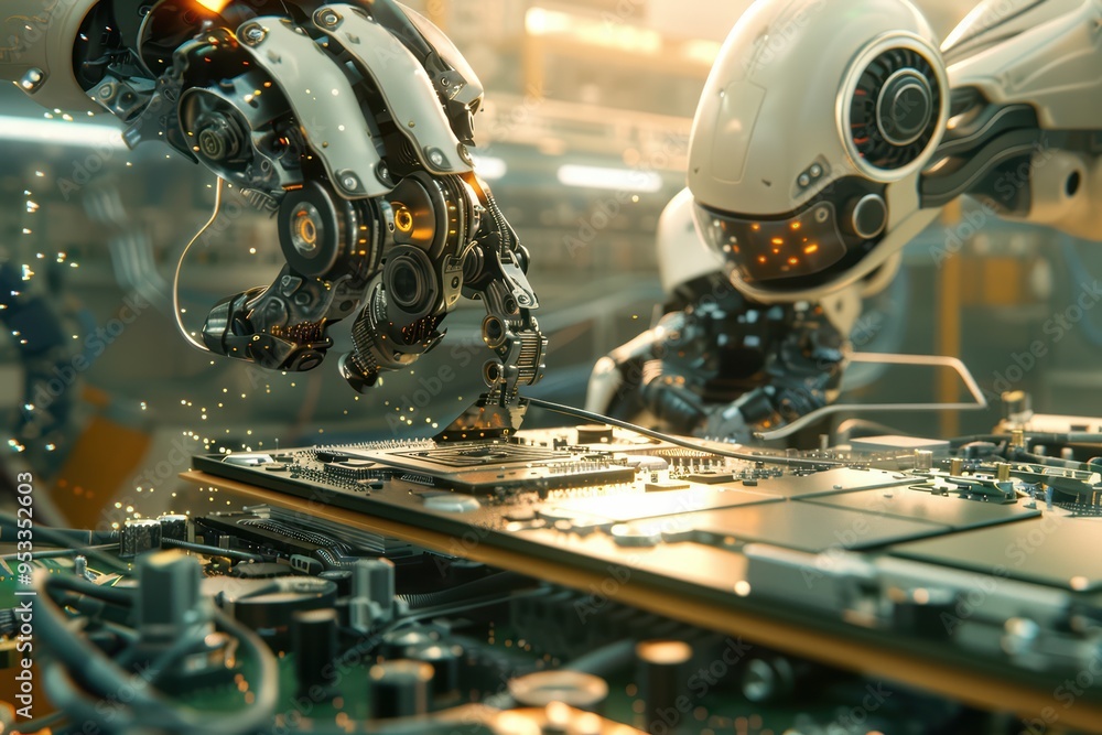 Poster futuristic robots assembling a circuit board in a high-tech environment, showcasing advanced technol