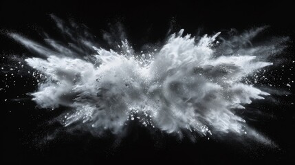 Snow explosion isolated on black background. Abstract dynamic cloud of white dust particles dispersing overlay design. Winter storm element creative collage.