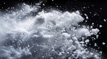 Snow explosion isolated on black background. Abstract dynamic cloud of white dust particles dispersing overlay design. Winter storm element creative collage.