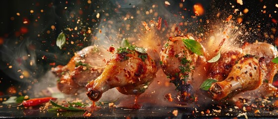 Juicy chicken drumsticks bursting with spices and flavors, creating an explosion of taste in a vibrant culinary setting.