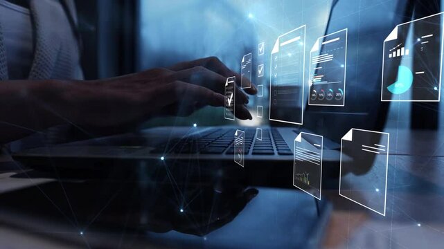 Document management concept, Businesswomen check electronic documents on digital documents on virtual screen Document Management System and process automation to efficiently document paperless operate