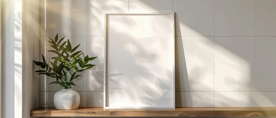 Minimalistic interior scene with a blank frame, a leafy plant, and soft sunlight creating tranquil shadows on the wall.