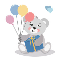 Illustration of cute teddy bear with colorful balloons and bow on white background. Vector teddy bear with gift and hearts. Perfect for kids and animals. Flat holiday design