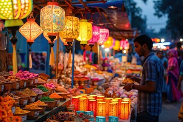 Indian vendor is standing by his market stall full of colorful products and illuminated by festive...