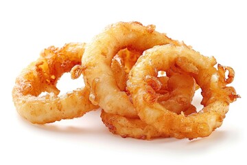 A stack of crispy onion rings on a white background