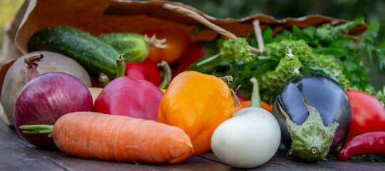 fresh vegetables on a wooden background in a paper bag. Selective focus