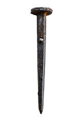 A single, large, rusted, iron nail with a square head