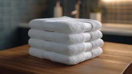 Stack of clean white towels on a wooden counter.