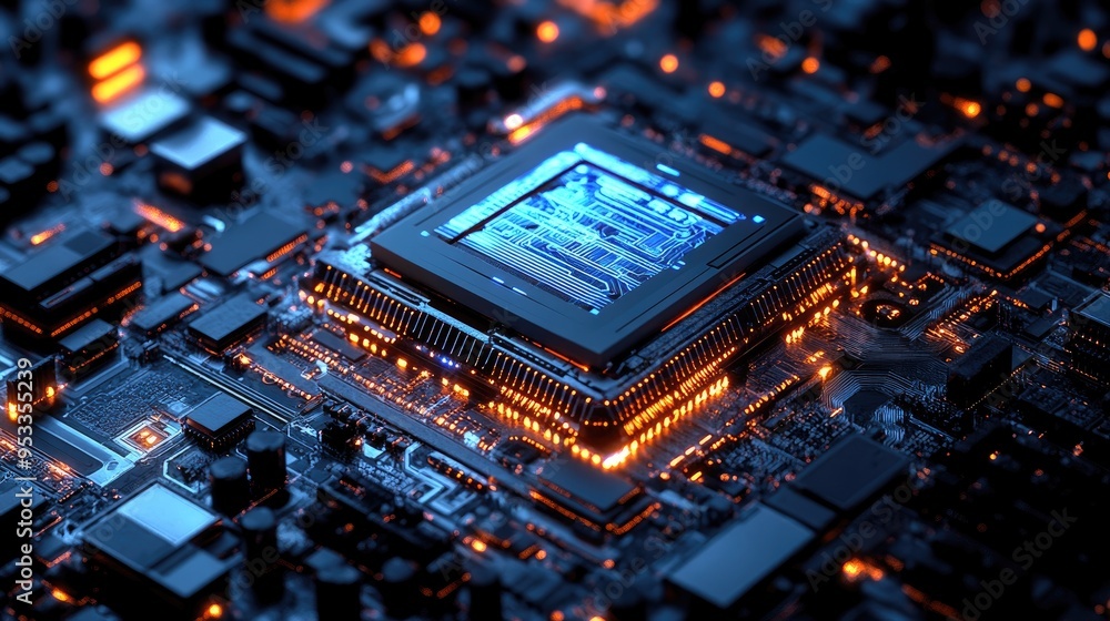 Poster a futuristic cpu design, illustrating the principles of ai and quantum computing, central to the evo