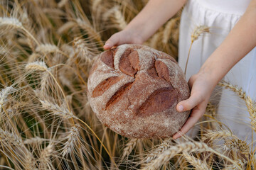 Little beautiful blonde girl with rye bread in a field of ears of rye