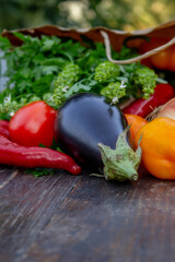 fresh vegetables on a wooden background in a paper bag. Selective focus