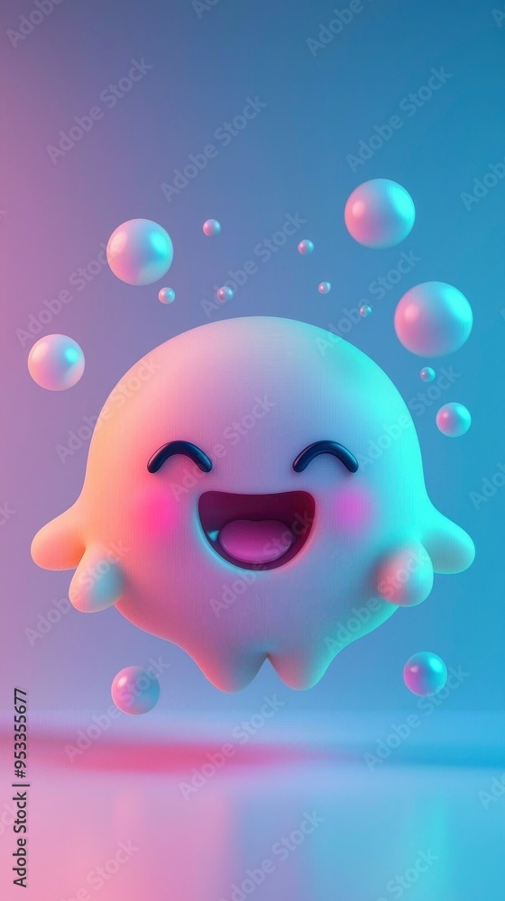 Sticker happy ghost floating with bubbles