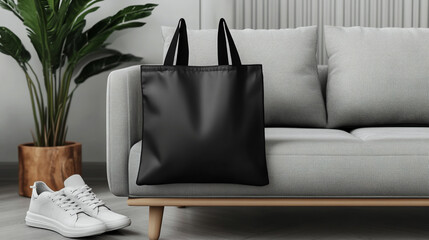 Black tote bag mockup on a grey sofa with white sneakers, home interior background