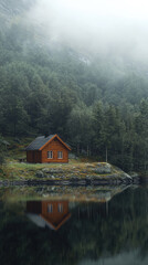 Fototapeta premium A solitary cabin stands serenely by a misty lake, its reflection mirroring the tranquil beauty of the Scandinavian wilderness.