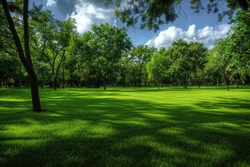 Obraz premium A serene landscape featuring green grass and trees in the background