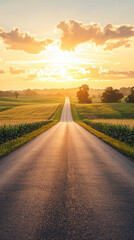 Naklejka premium Golden Hour on the Country Road: A Long, Straight Path Beckons Under a Sky Painted with Warm Hues of Sunset.