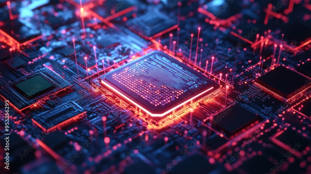 Poster artificial intelligence concept featuring a cpu surrounded by quantum computing structures, highligh