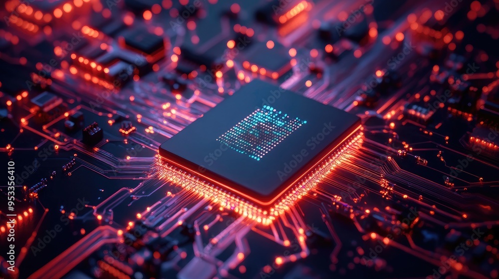 Poster artificial intelligence concept featuring a cpu surrounded by quantum computing structures, highligh