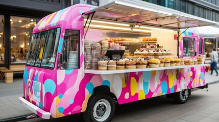Obraz premium Bakery truck with colorful and playful designs, serving whimsical pastries in a lively market