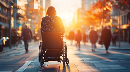 Person with mobility impairment using AI-assisted wheelchair to move independently through a smart city with advanced technology Stock Photo with copy space
