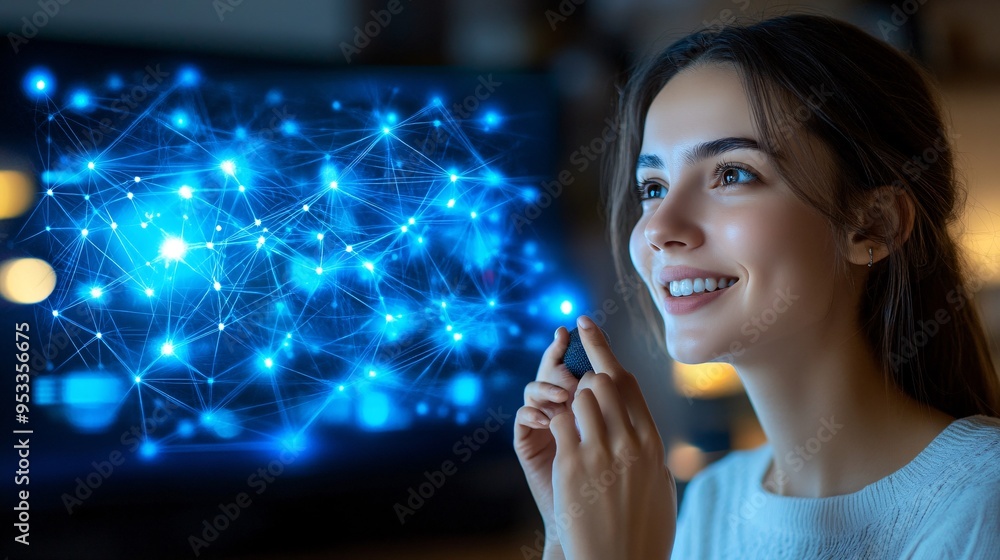 Poster Person with disability controlling smart home devices through AI using voice commands ensuring independence and convenience Stock Photo with copy space
