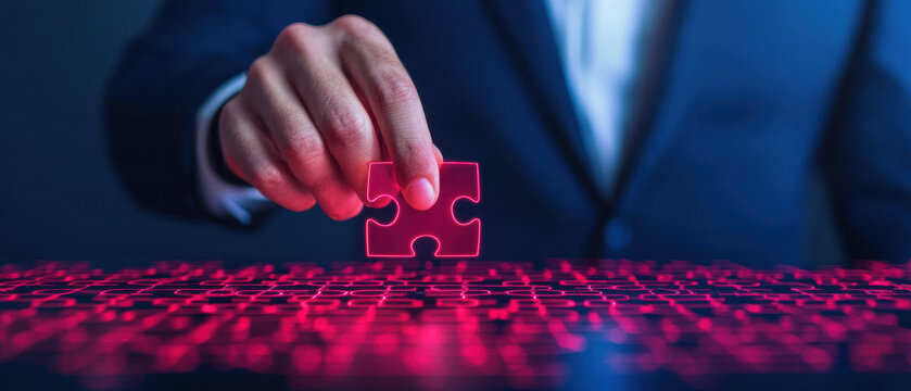 Businessman assembling a digital puzzle with glowing pieces, representing complex decisionmaking