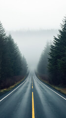 Naklejka premium A Long, Winding Road Disappears Into the Fog, Leading to a Mysterious Destination.