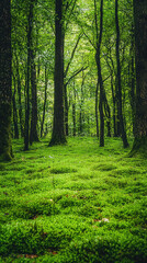 Fototapeta premium Sun Dappled: A Lush Carpet of Moss in a Tranquil Forest Grove