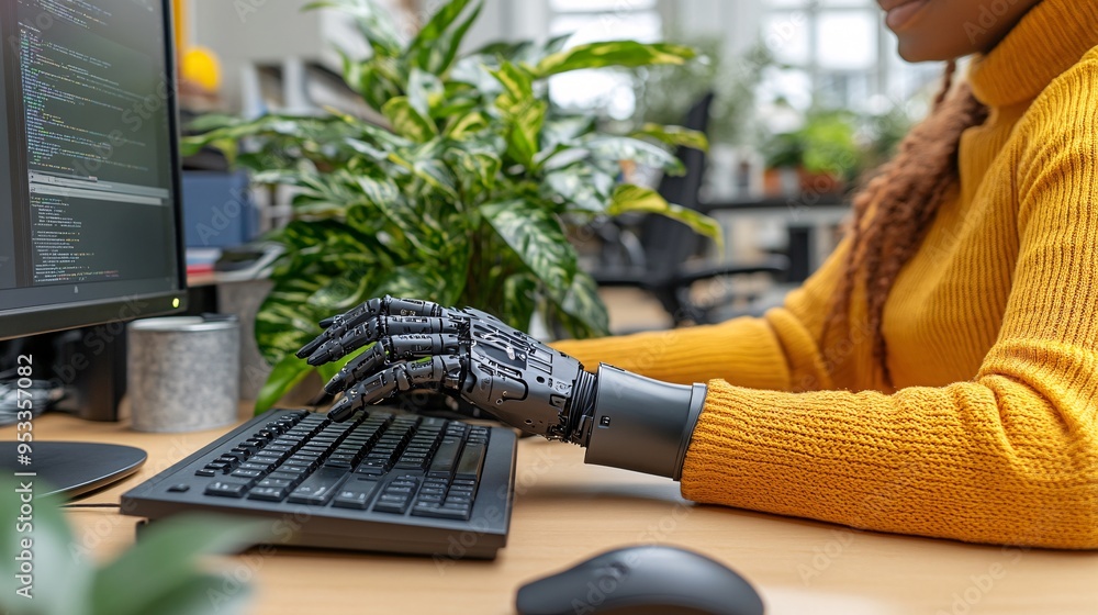 Poster AI-enhanced prosthetic hand being used by a person to type on a computer keyboard in a modern office Stock Photo with copy space