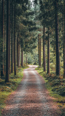 Obraz premium A winding gravel path leads through a dense, sun-dappled forest, inviting you on a serene adventure.