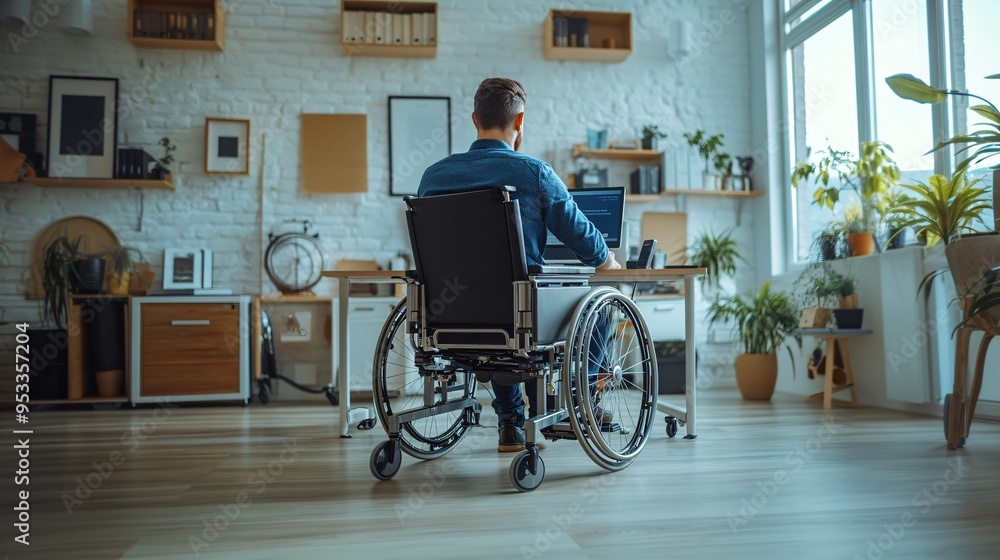 Aufkleber Disabled person participating in a video conference using AI-driven speech-to-text software in a high-tech home office Stock Photo with copy space