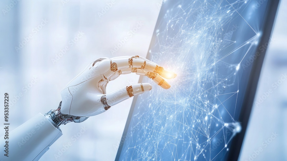 Poster close-up of a robot and human hand touching, with big data network connections in the background, re