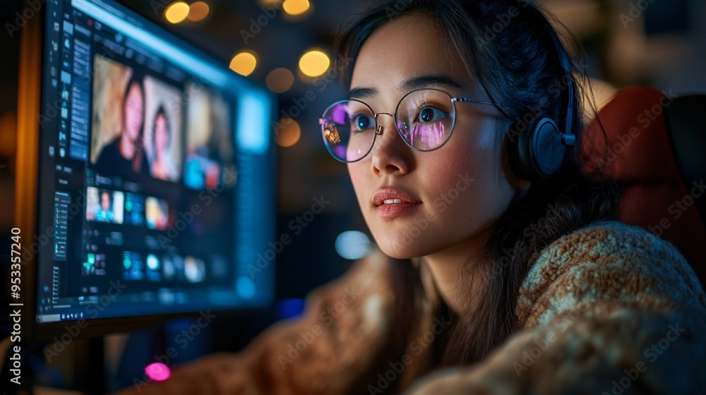 Poster Disabled person participating in a video conference using AI-driven speech-to-text software in a high-tech home office Stock Photo with copy space