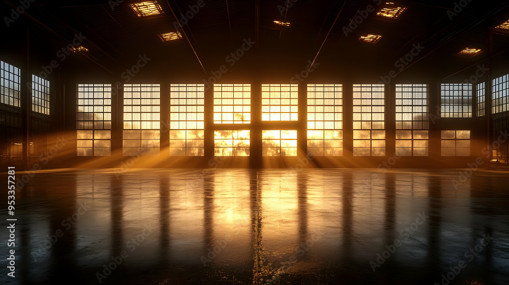 Poster sunlight streams through large windows in an empty warehouse.
