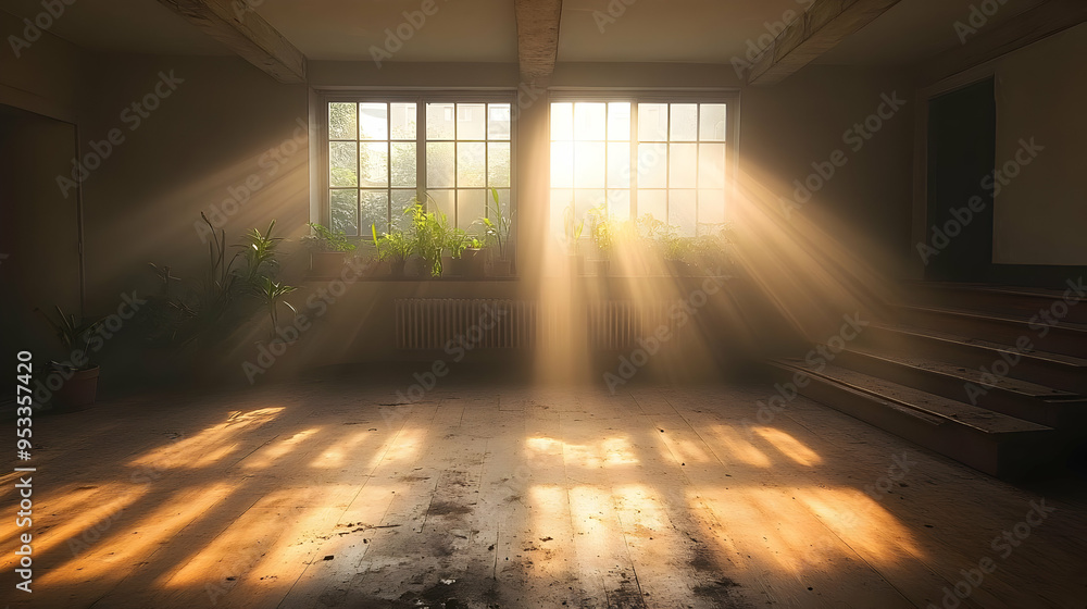 Poster sunlight streams through two windows, casting beams of light across the dusty floor of an empty room