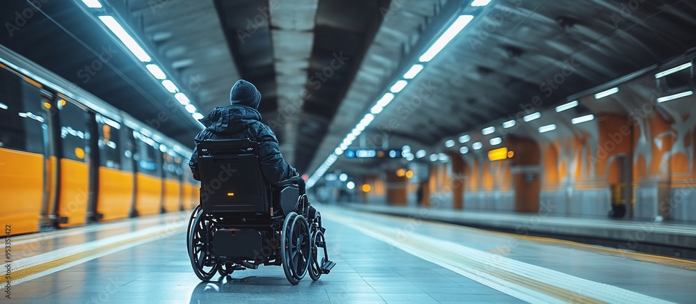 Poster Person with disability navigating a busy train station using AI-powered guidance system to find the correct platform Stock Photo with copy space