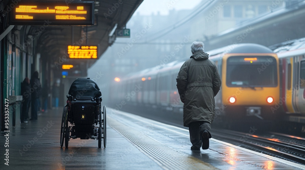 Poster Person with disability navigating a busy train station using AI-powered guidance system to find the correct platform Stock Photo with copy space
