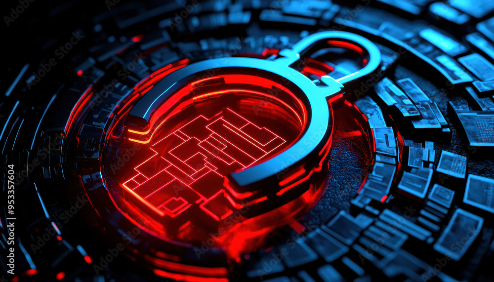 Poster high-tech digital lock symbolizing cybersecurity and data protection surrounded by futuristic circui