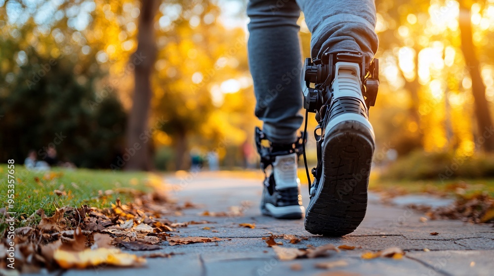 Poster ai-supported exoskeleton worn by a person with mobility challenges helping them walk through a park 