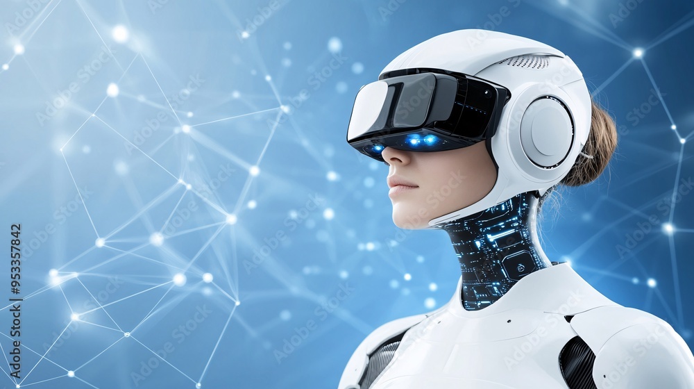 Poster Person with a physical disability using AI to control a computer or tablet through eye movement or voice commands in a high-tech environment Stock Photo with copy space