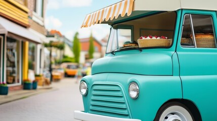 Naklejka premium Bakery truck with retro elements, classic car vibes, parked in a nostalgic small-town street