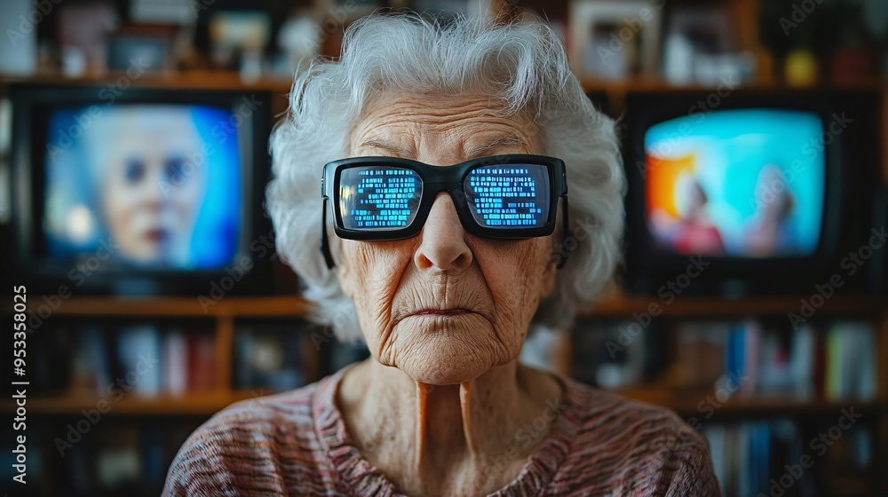 Poster individual with hearing loss using ai-based captioning glasses to watch television at home stock pho