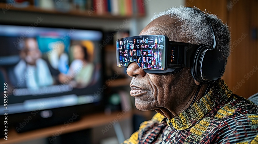 Poster individual with hearing loss using ai-based captioning glasses to watch television at home stock pho