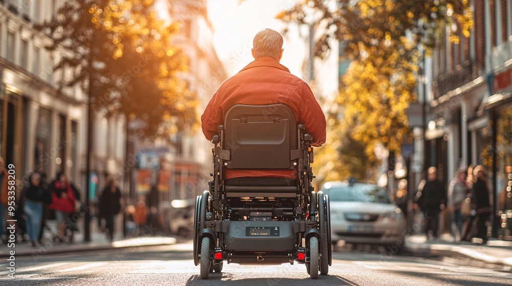 Poster Person with mobility issues using an AI-guided wheelchair to travel through a busy city street navigating seamlessly Stock Photo with copy space